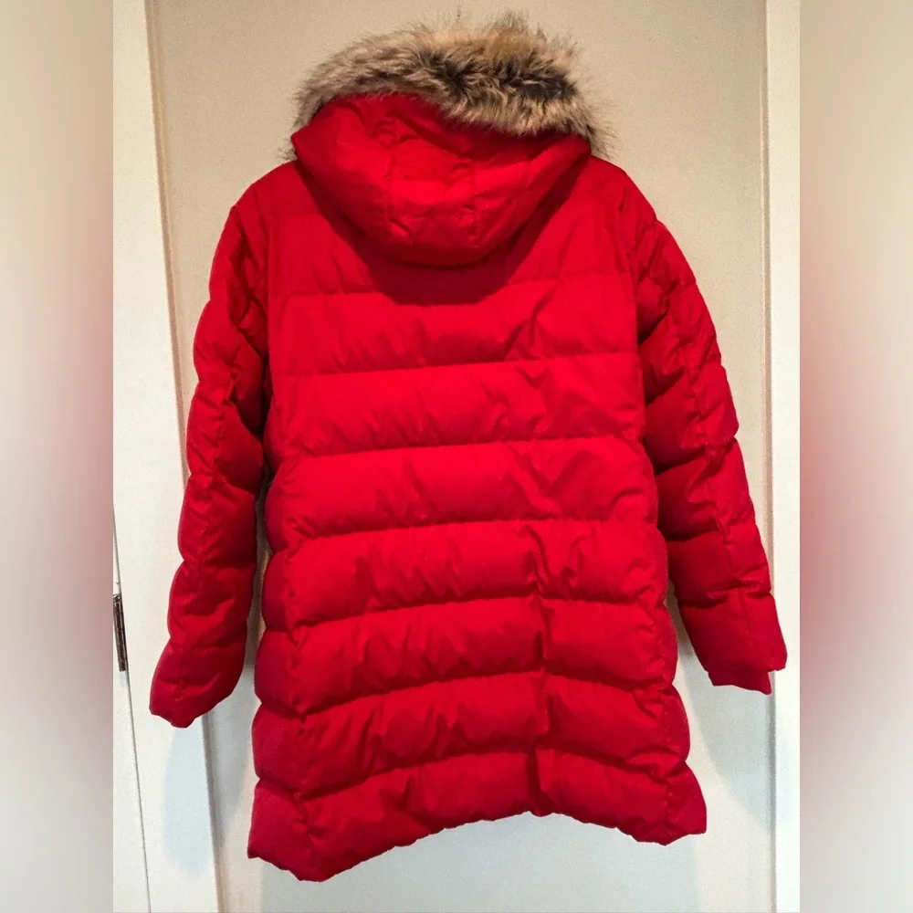 Lands' End Vibrant Red Puffer Coat with Faux Fur Hood Like New! - Picture 2 of 7